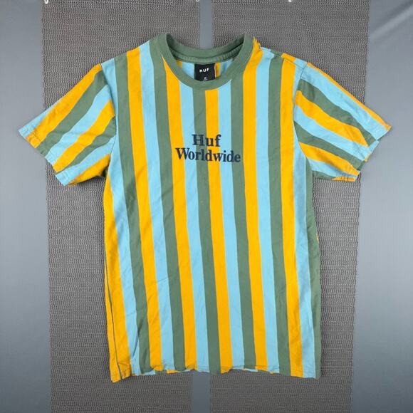 HUF Worldwide Striped T-Shirt Medium Green Yellow Blue Streetwear Skate - Picture 1 of 8